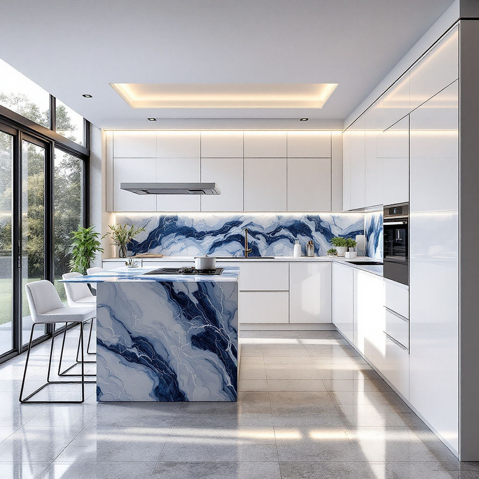 A modern modular kitchen featuring sleek, contemporary designs The cabinetry is made of hi