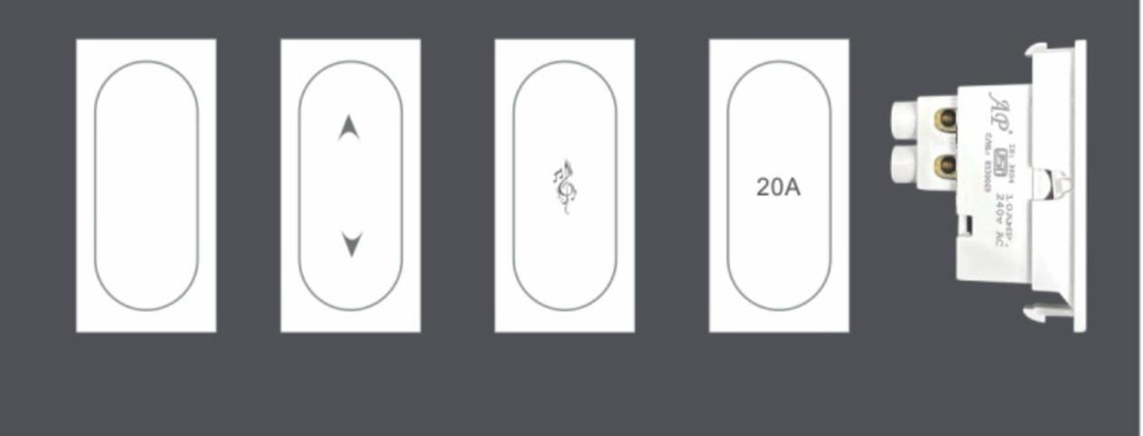 White electrical light switches with various symbols and 20A text. AP-CUTE SWITCHES FOR MODERN DESIGNER -VAARMOR LIGHTING