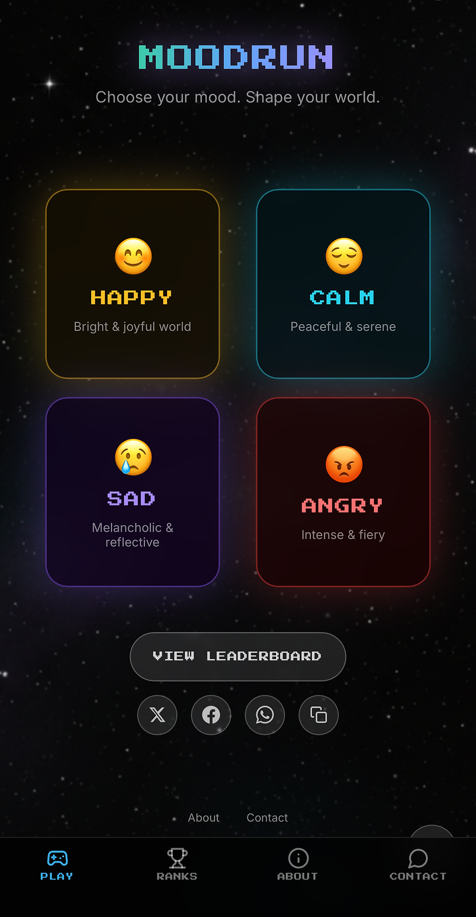 Portrait screenshot of the MoodRun main menu with colorful mood cards.