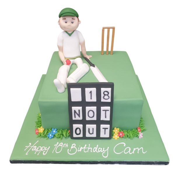 Bespoke cricket-themed cake with edible bat and ball decorations, crafted for celebration in Solihull, West Midlands.
