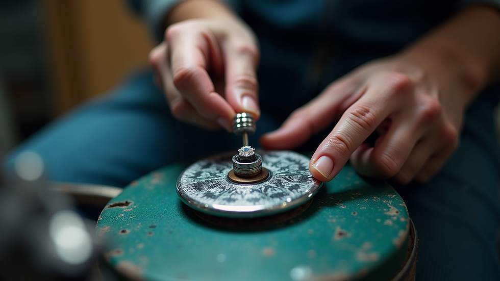 Eye-level view of a jeweler polishing a gemstone on a rotating wheel