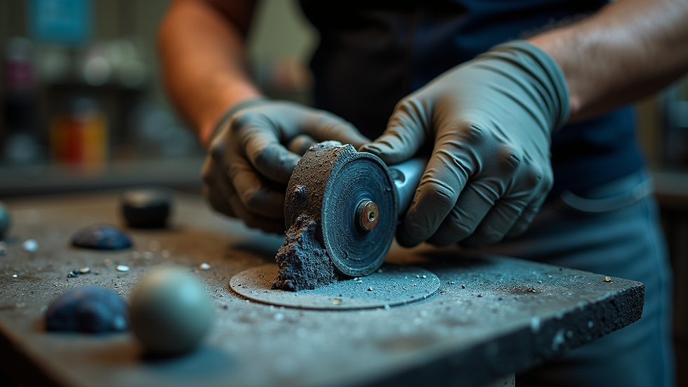 Eye-level view of lapidary grinder polishing a gemstone