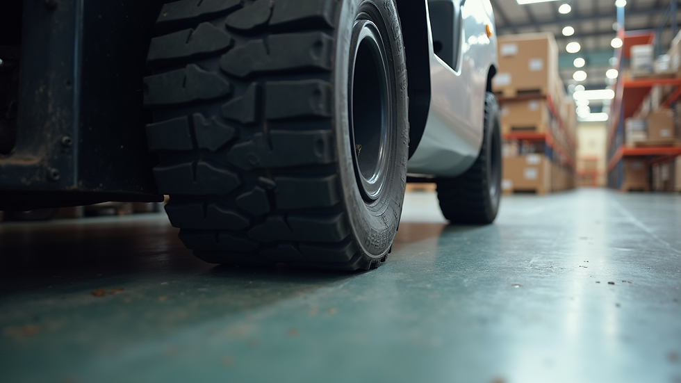 Close-up view of cushion tire forklift tires on a smooth warehouse floor