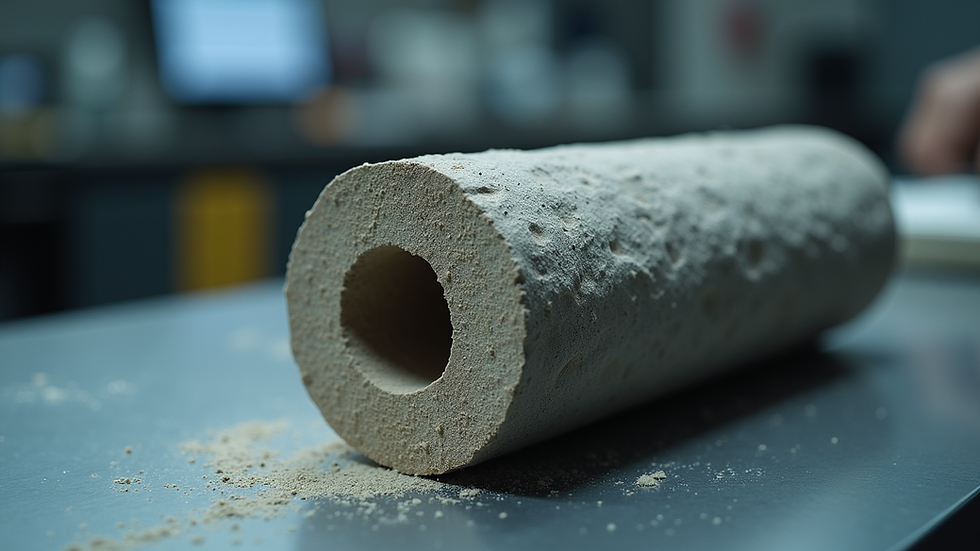 Close-up view of a cylindrical rock core sample placed on a table for examination