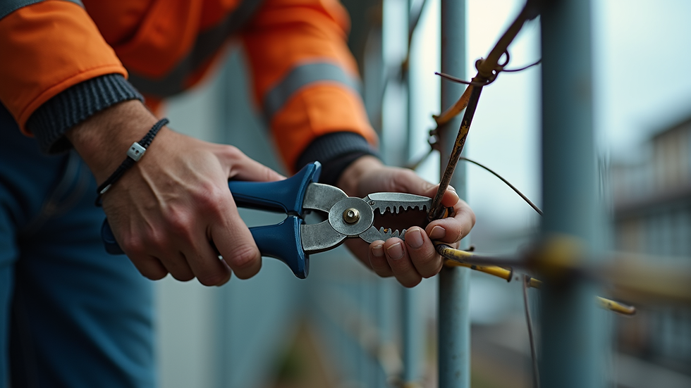 Eye-level view of electrician using wire cutters on electrical wire