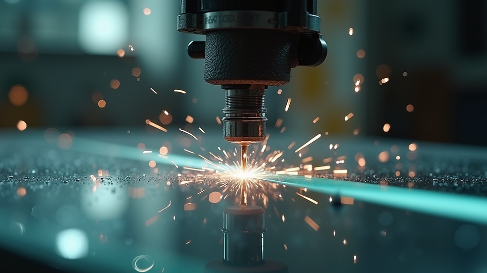 Close-up view of diamond wire saw cutting through thick glass sheet