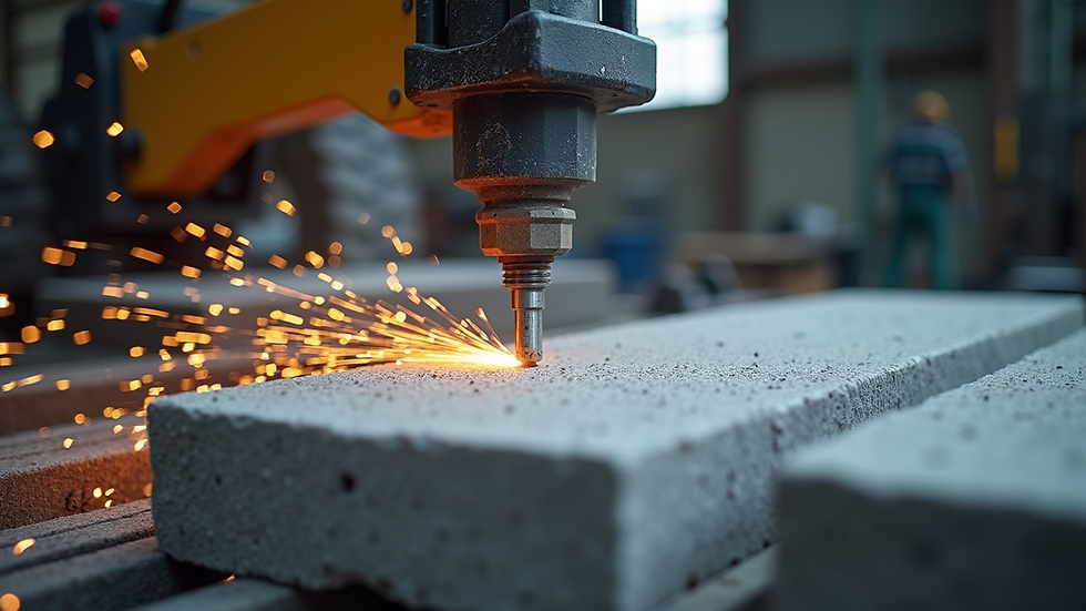 Eye-level view of diamond wire saw machine cutting a large stone block