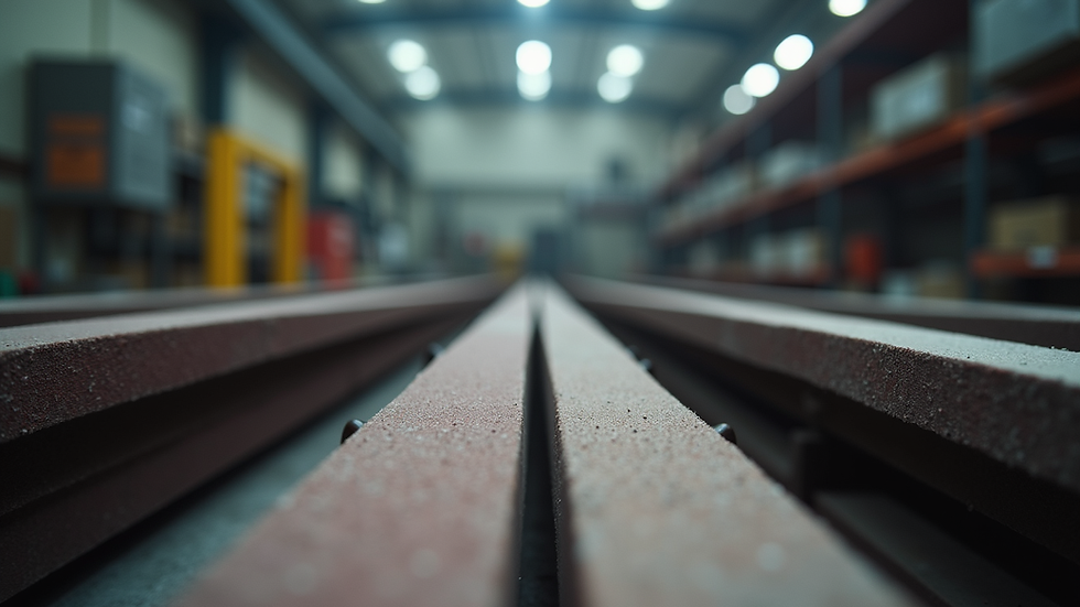 Eye-level view of industrial sanding belts arranged in a workshop