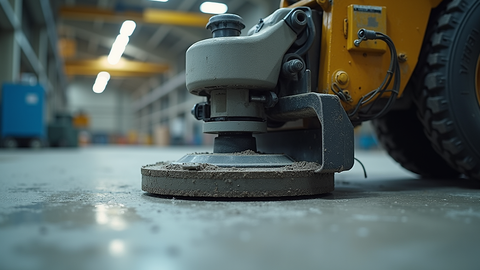 Eye-level view of industrial diamond grinding machine operating on concrete floor