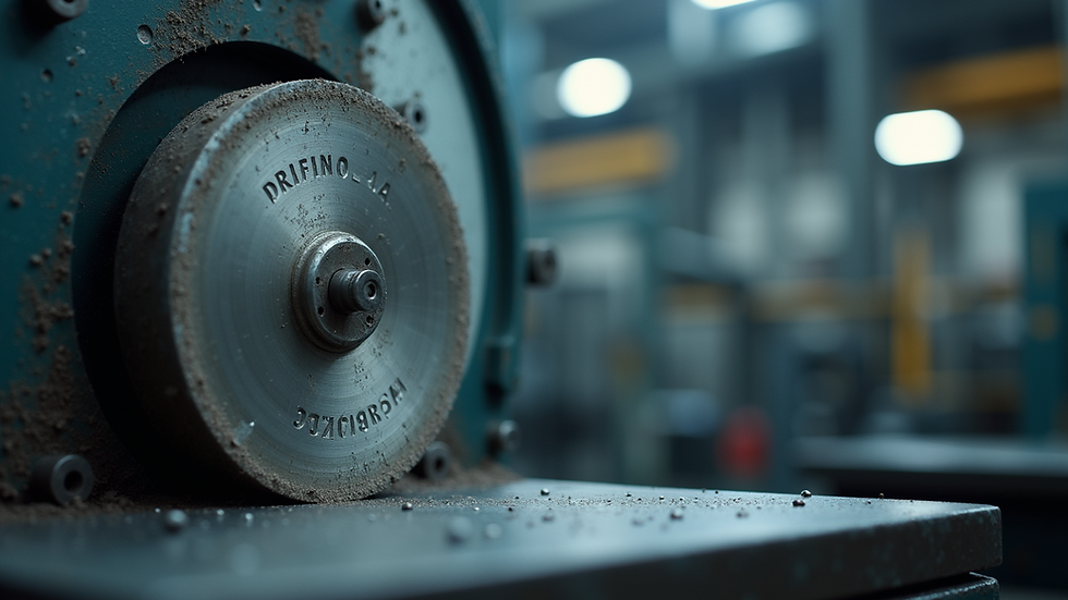 Eye-level view of industrial diamond grinding wheel in a manufacturing plant