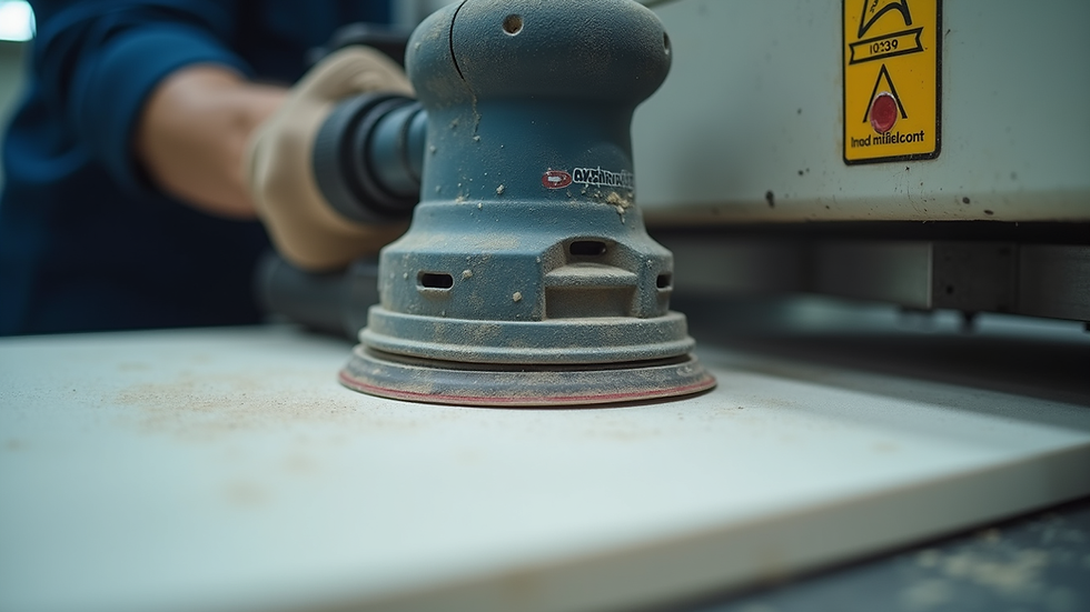 Eye-level view of industrial sanding machine processing a ceramic panel