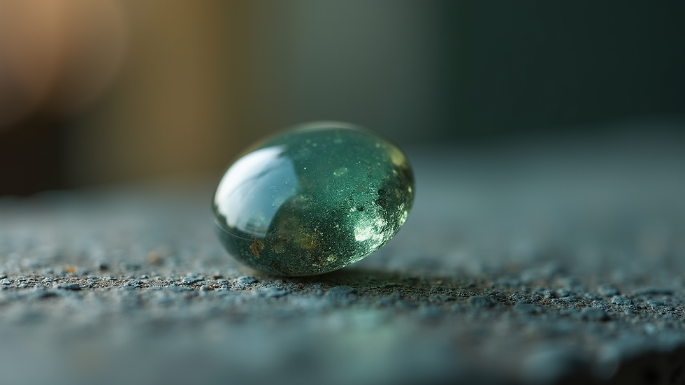 Eye-level view of a polished cabochon gemstone on a dop stick