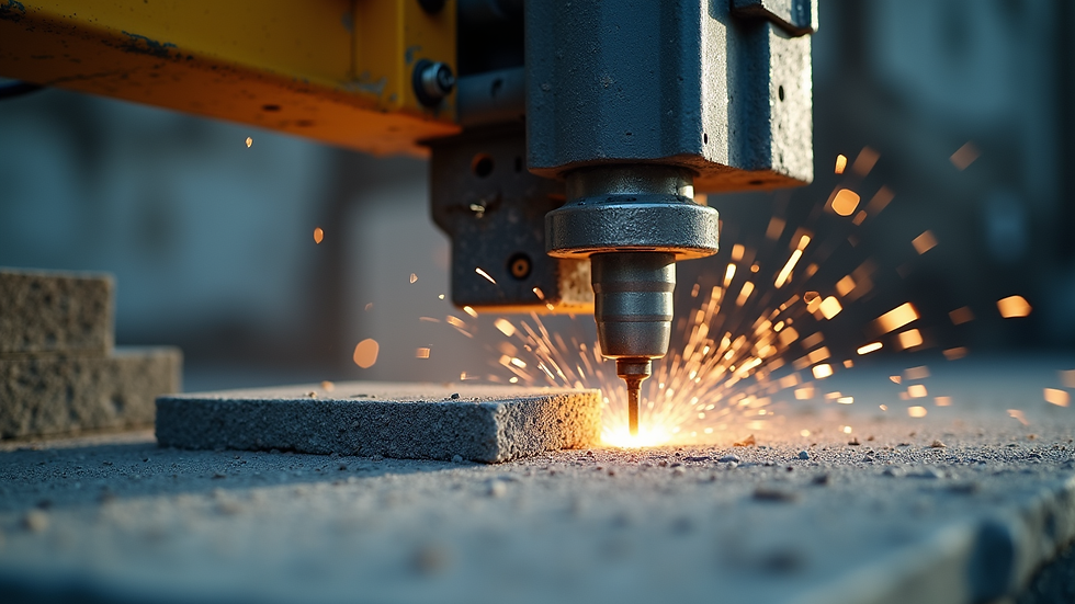 Eye-level view of diamond wire saw machine cutting through stone block