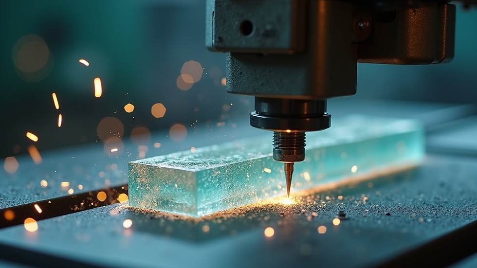 Eye-level view of diamond wire saw machine in operation cutting glass block