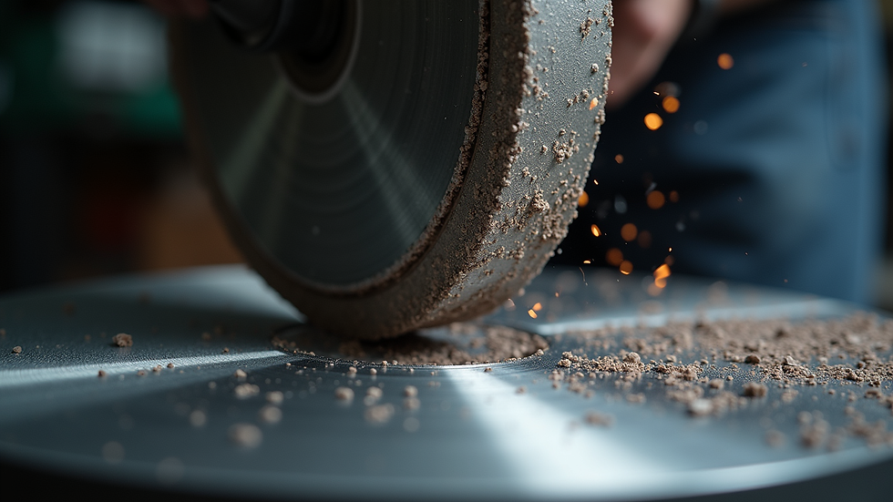 Eye-level view of diamond grinding wheel shaping metal component