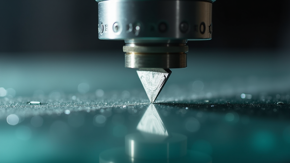 Eye-level view of diamond blade cutting a thick glass sheet