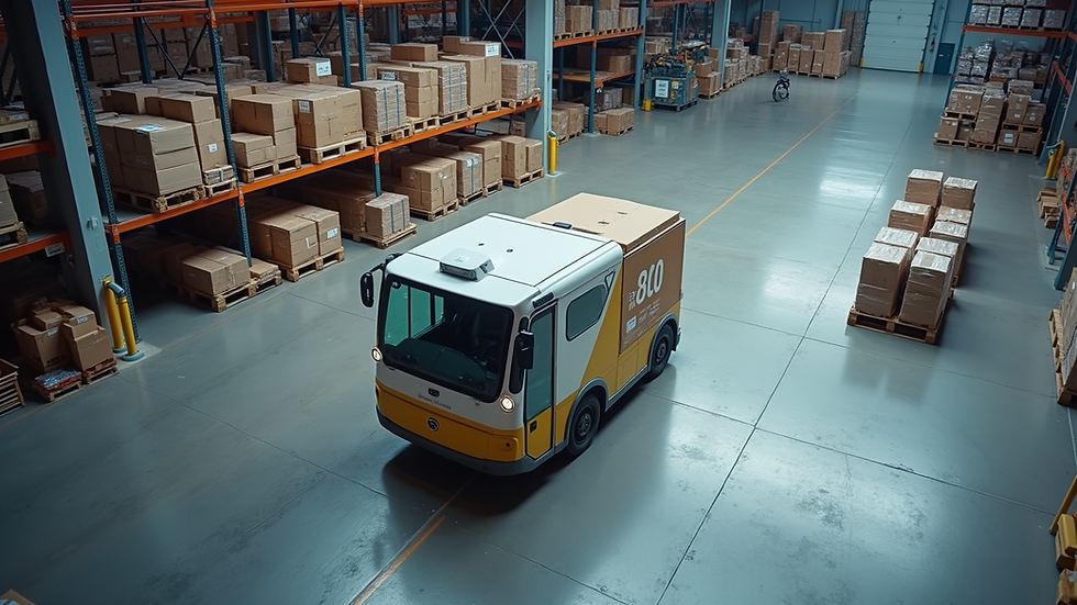 High angle view of an AGV charging station in a logistics warehouse
