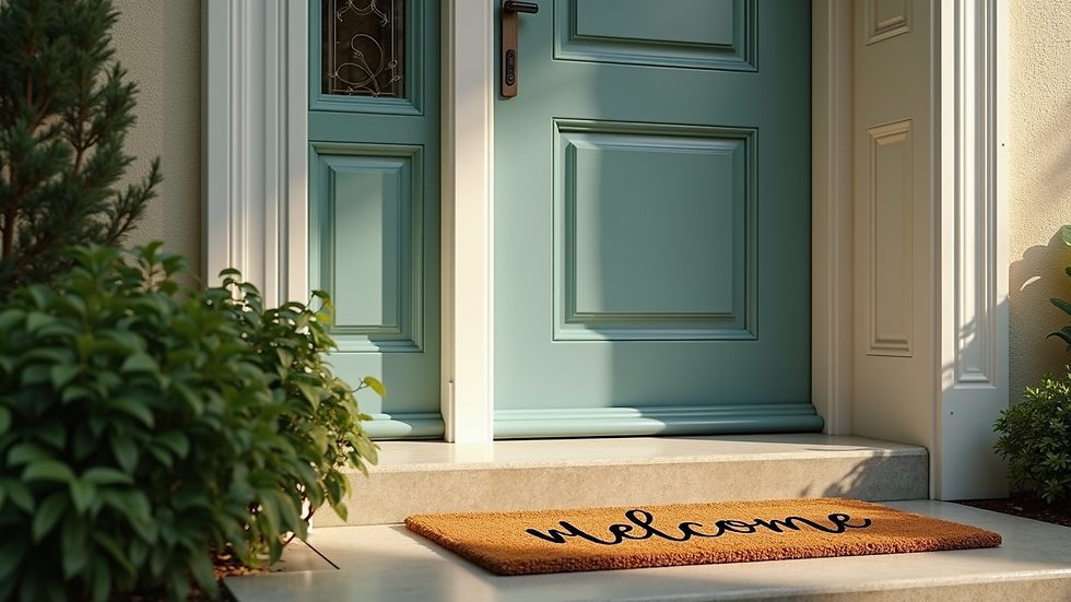 Close-up view of a freshly painted front door with a welcoming doormat