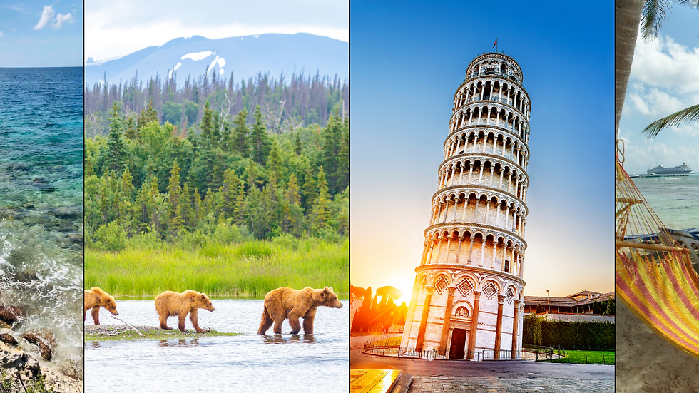 Collage of Caribbean, Alaska, Mediterranean, and Baltic locations.