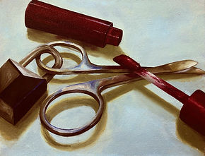 Still life painting of scissors, lock, and lipstick