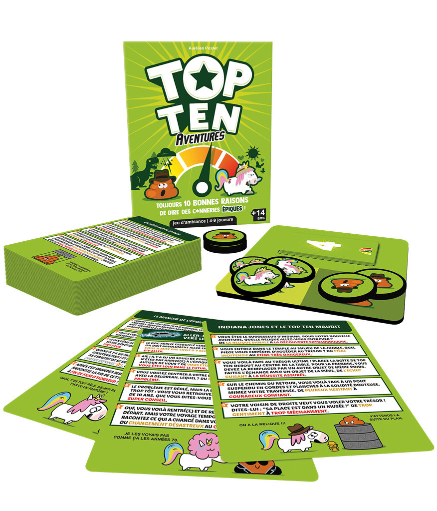Top Ten Aventures est un jeu d'ambiance pour 4 à 9 joueurs édité par Cocktail Games