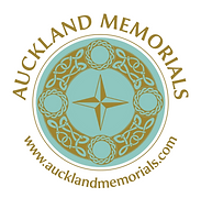 Auckland Memorials logo, light blue and gold in color.