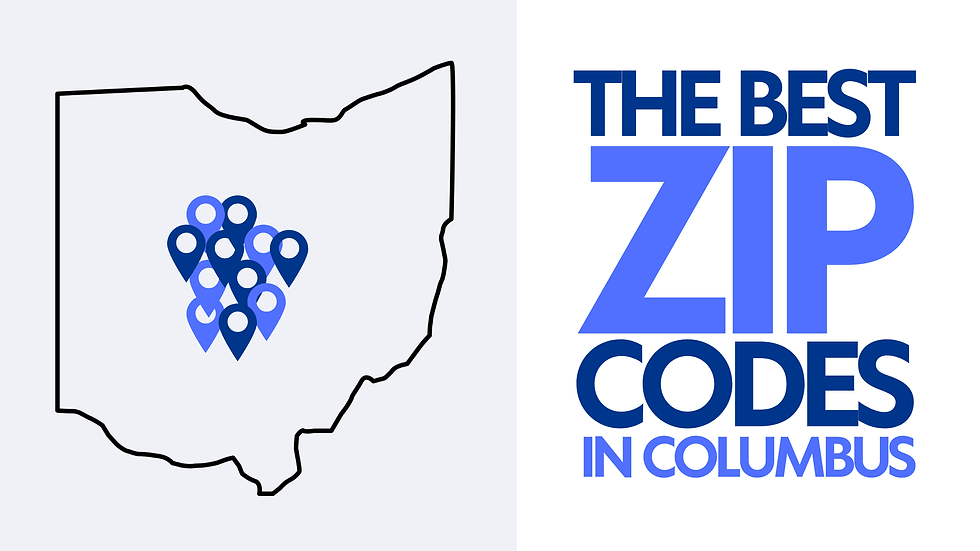 Outline of Ohio with blue location pins. Text reads "The Best Zip Codes in Columbus" in bold blue font.