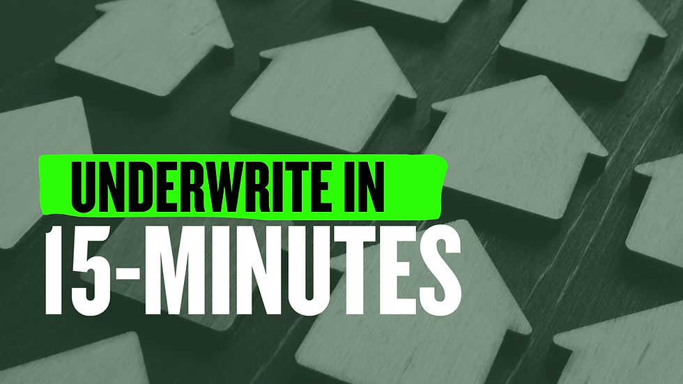 Wooden house icons on a dark surface. Bold text reads "UNDERWRITE IN 15-MINUTES" in white and green, conveying speed and efficiency.