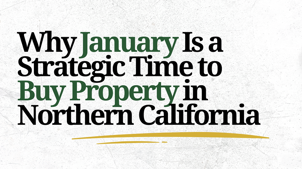 Text on grunge background: "Why January Is a Strategic Time to Buy Property in Northern California." "January" and "Buy Property" in green.