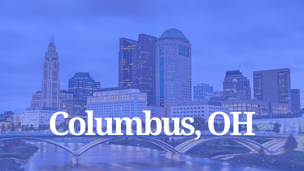 Skyline of Columbus, OH, with modern skyscrapers and a bridge over a river under a blue-tinted sky. Text: Columbus, OH.