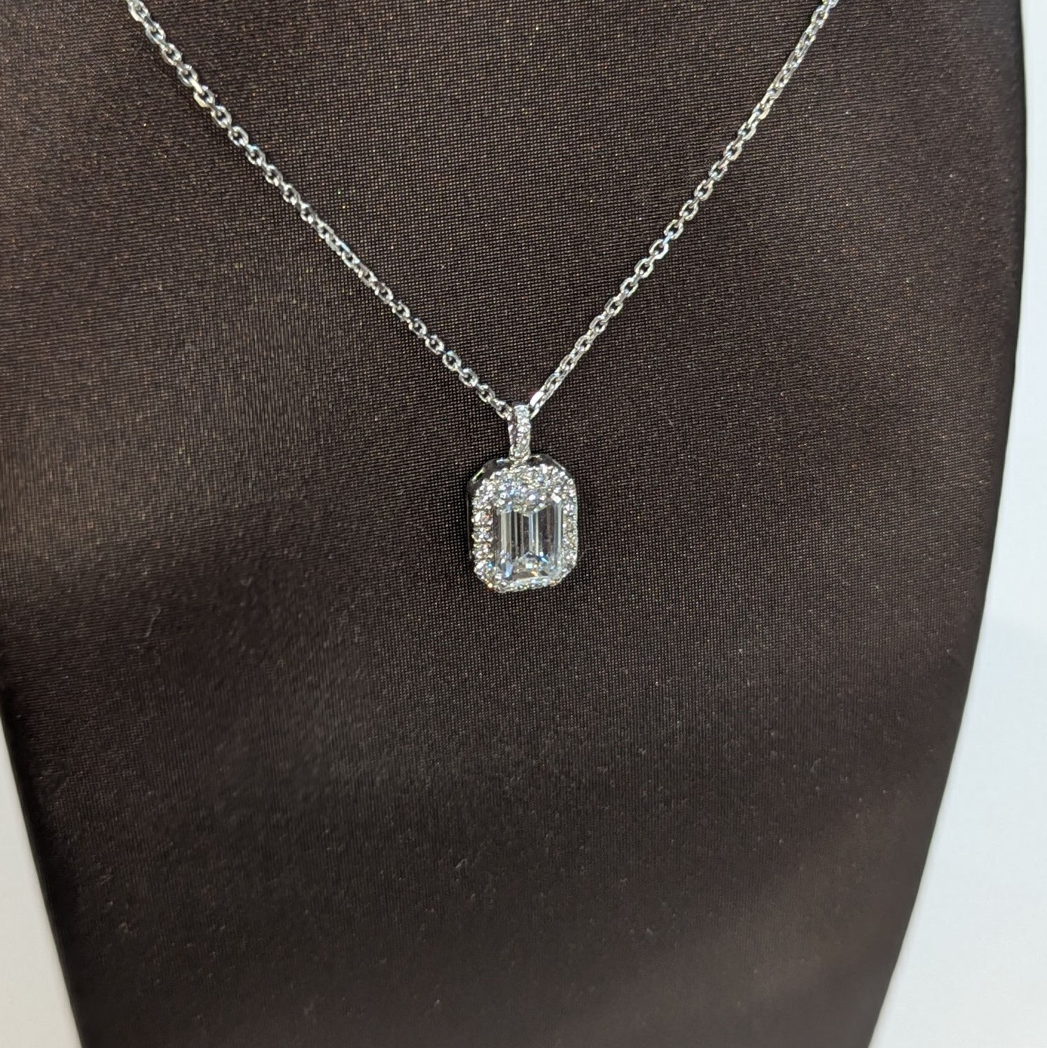 Lab Grown Diamond Emerald Cut Halo Pendant, 9ct White Gold.
