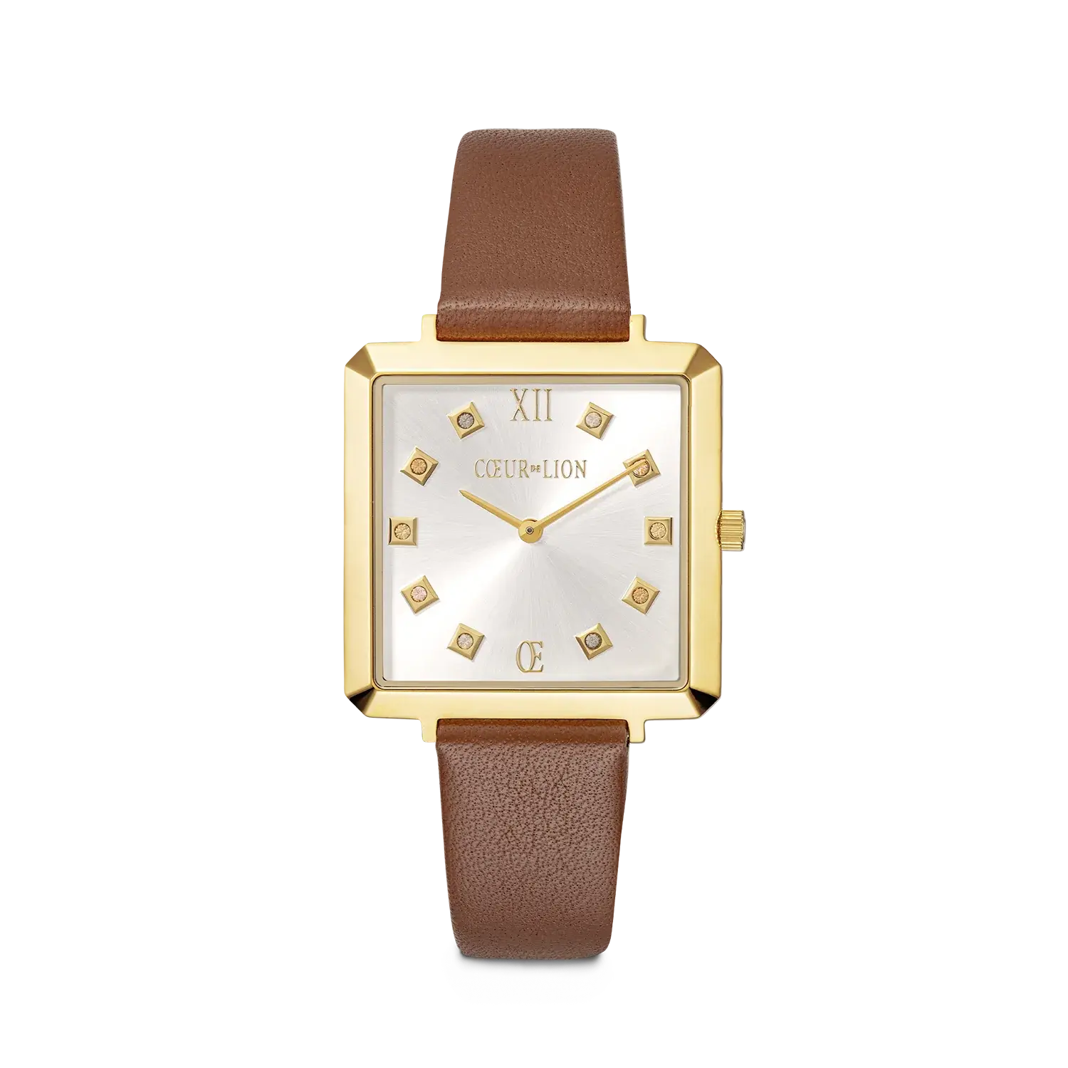 Coeur De Lion  Watch Iconic Square Gold White Sunray Bracelet Brown Leather.