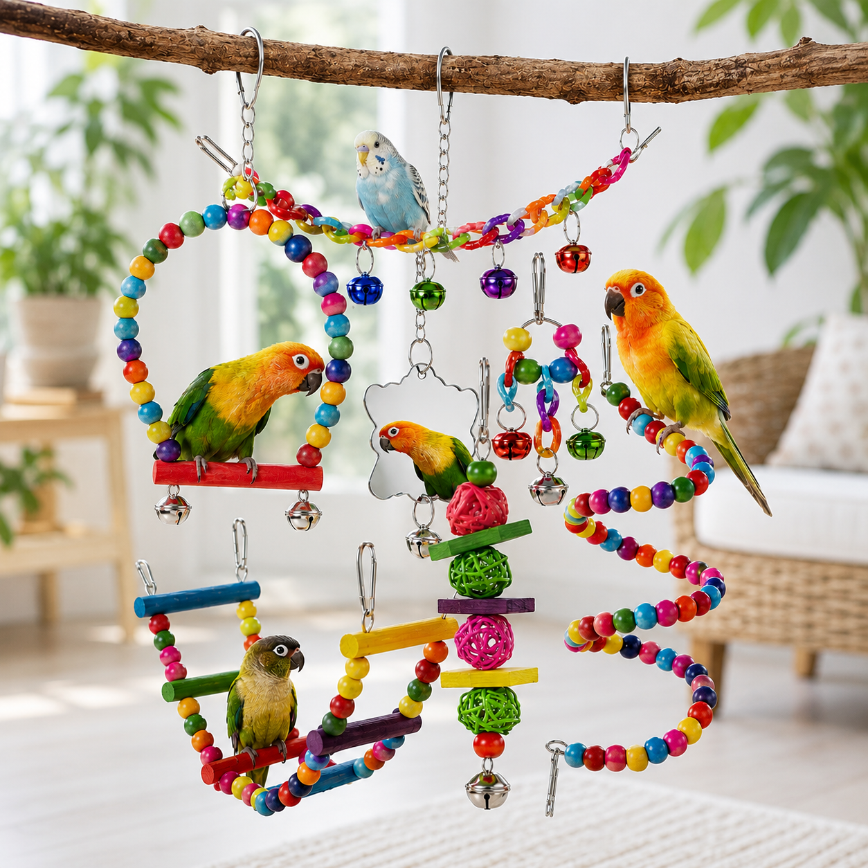 7-Piece Wooden Parrot Toy Set