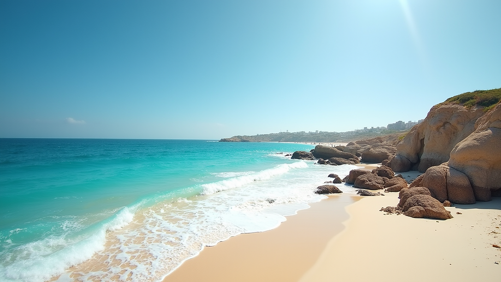 Vista panorámica de la playa de San Andrés con aguas cristalinas y arena blanca