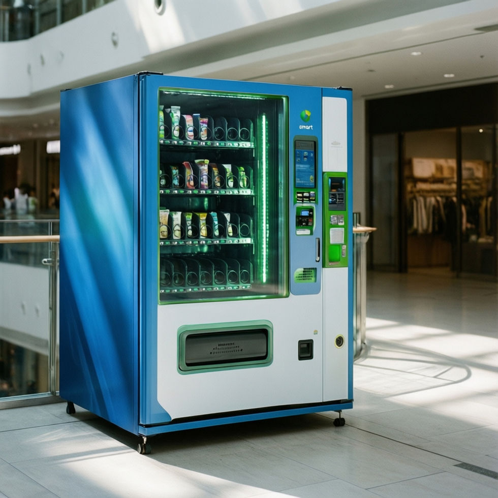 Blue and white vending machine in a modern shopping mall