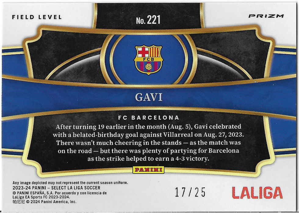 תמונה ממוזערת: Gavi 2023 2024 2023-24 Panini Select La Liga #221 Field Zebra Prizm /25