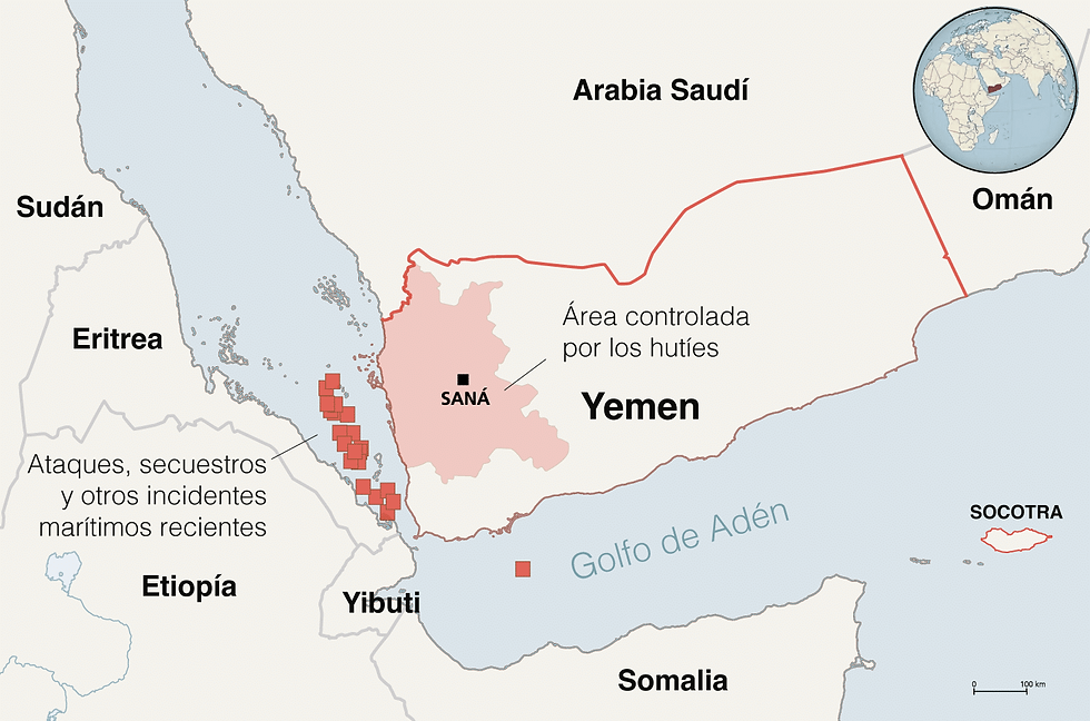 Mapa de los ataques hutíes en Bab El Mandeb - El Independiente