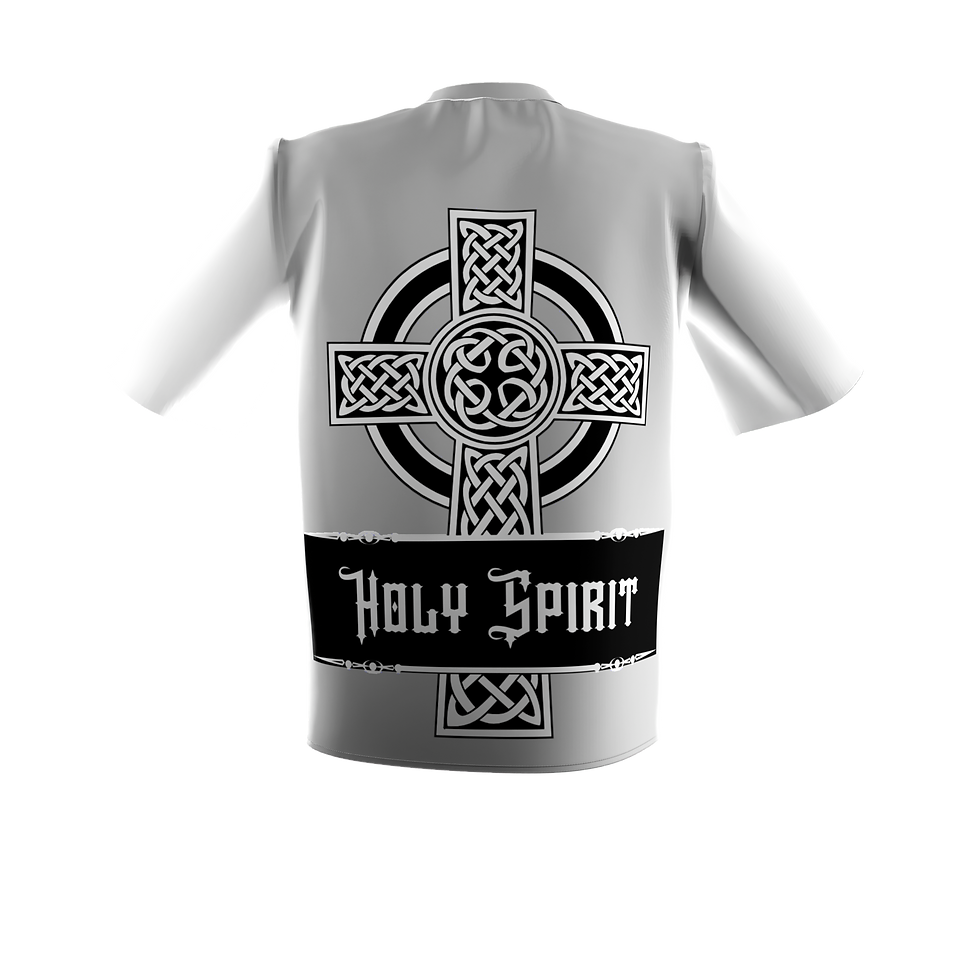 White t-shirt with Celtic cross and "HOLY SPIRIT" text