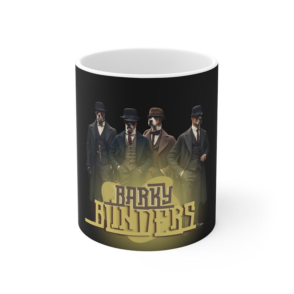 A Black "Barky Blinders"- Funny Cool Pun Mug. Front.