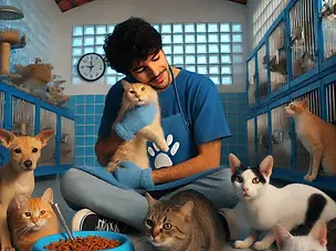 DALL·E 2024-11-02 23.19.54 - Fotografia realista de um voluntário cuidando de cães e gatos