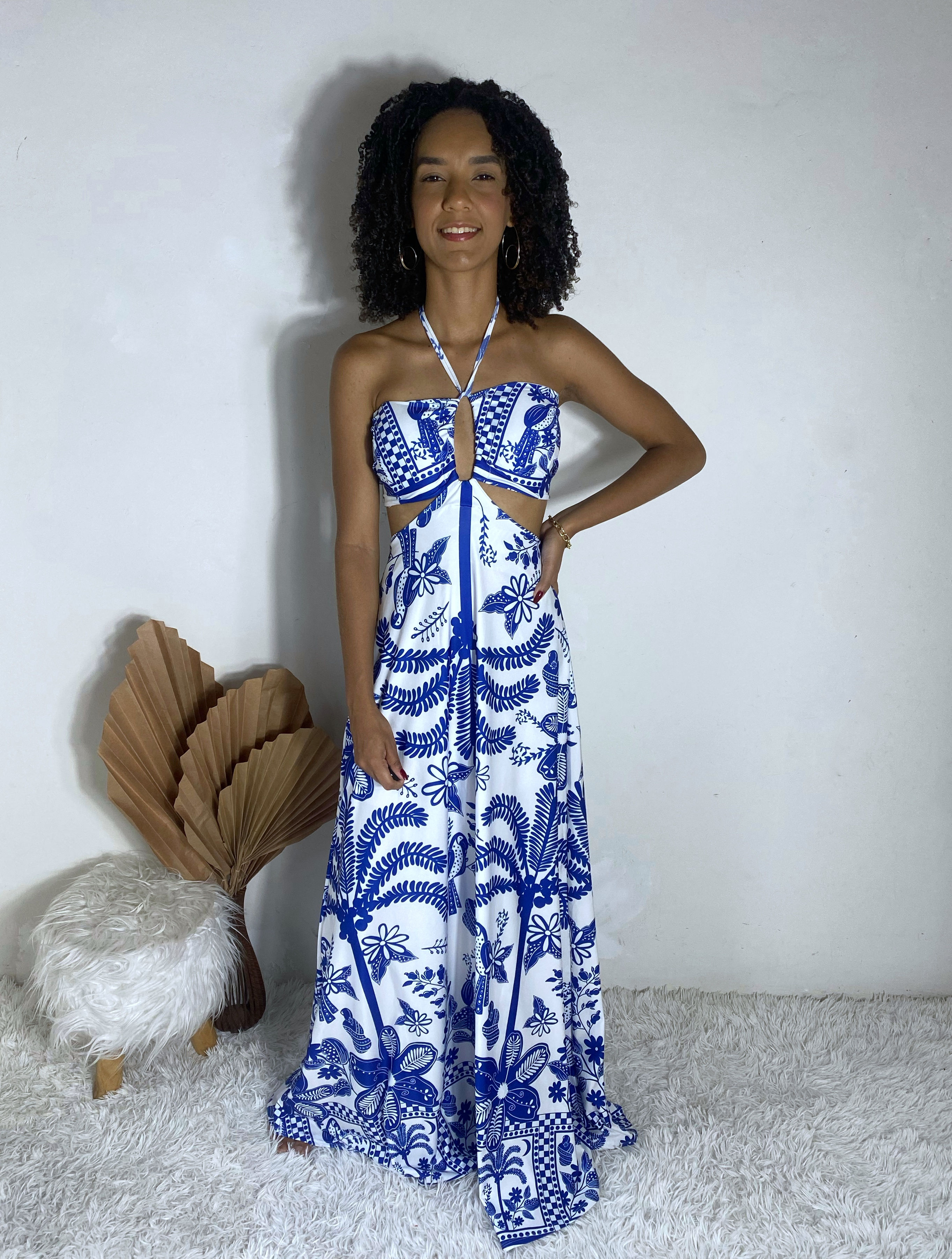 Vestido Tropical Amarração Azul