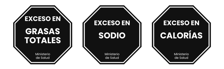 Sellos: exceso en grasas totales, exceso en sodio, exceso en calorías