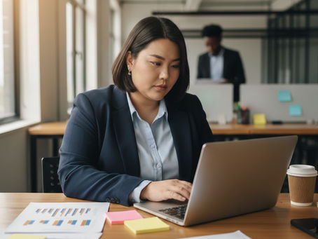 Woman focused on a laptop at a desk in a bright office, with charts and sticky notes. Another person is in the background. Calm, professional mood.