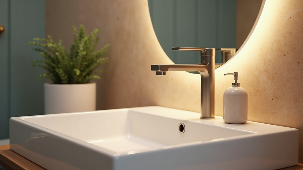 Close-up view of bathroom vanity with modern faucet and lighting