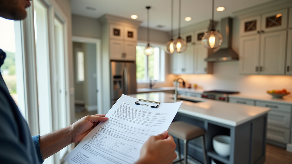 High angle view of a homeowner reviewing contractor documents and insurance papers