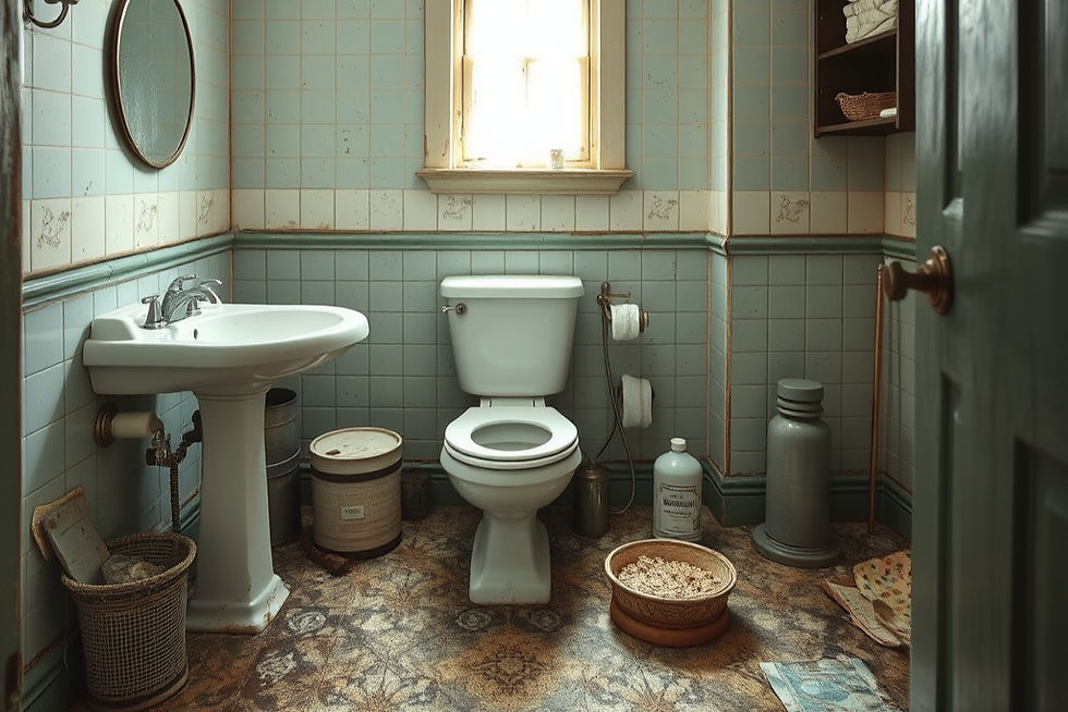 Vintage bathroom with blue tiles, pedestal sink, toilet, and patterned floor. Sunlight illuminates the cozy, nostalgic setting.