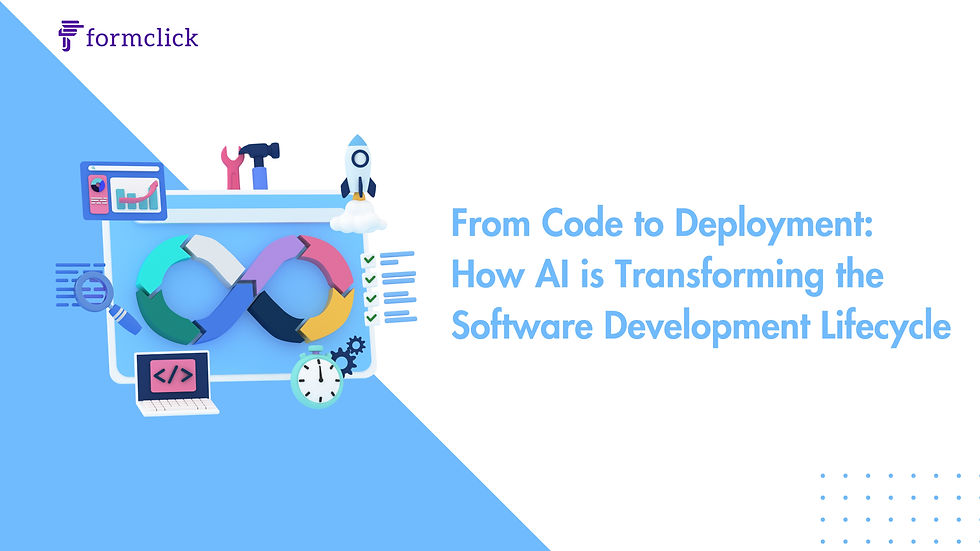 Illustration depicting the stages of the software development lifecycle, with AI technologies transforming each phase from code writing to deployment. Icons representing coding, testing, deployment, and monitoring processes are surrounded by AI-related symbols, illustrating the integration of artificial intelligence into software development.