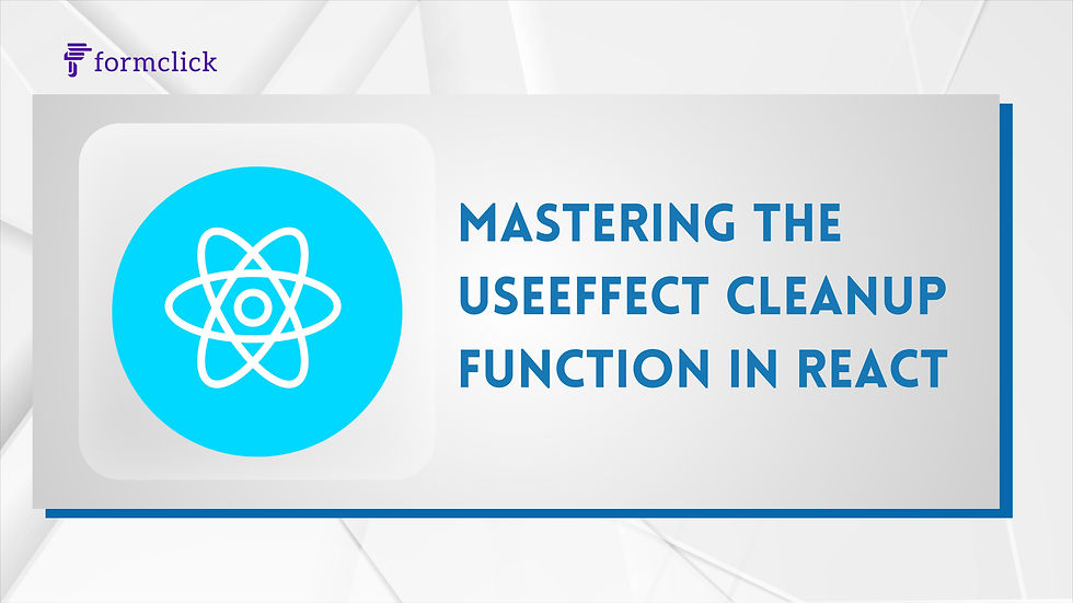 Visual representation of the useEffect cleanup function in React, showing how it manages side effects like event listeners, timers, and subscriptions. The image highlights the cleanup process when a component unmounts or dependencies change, emphasizing best practices for avoiding memory leaks and optimizing React performance.