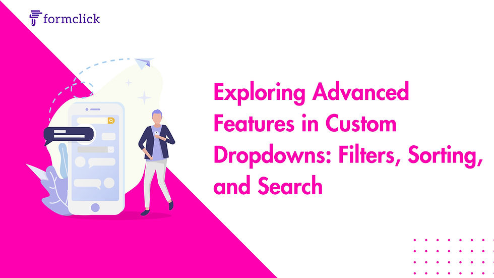 An illustration depicting a custom dropdown menu with options, filters, sorting arrows, and a search bar, symbolizing the advanced features explored in custom dropdowns.
