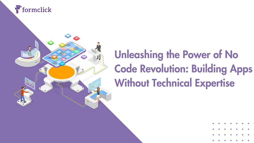 Unleashing the Power of No Code Revolution: Building Apps Without Technical Expertise" displayed on a digital screen, symbolizing the accessibility and empowerment of no-code development.